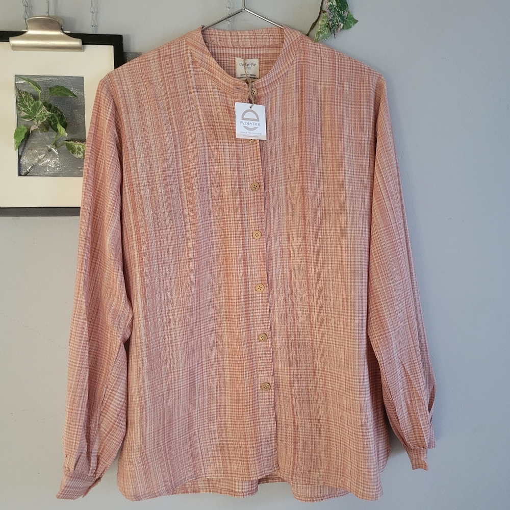 NEW Evolverie‎ Banded Collar Checked Button Down Shirt L
